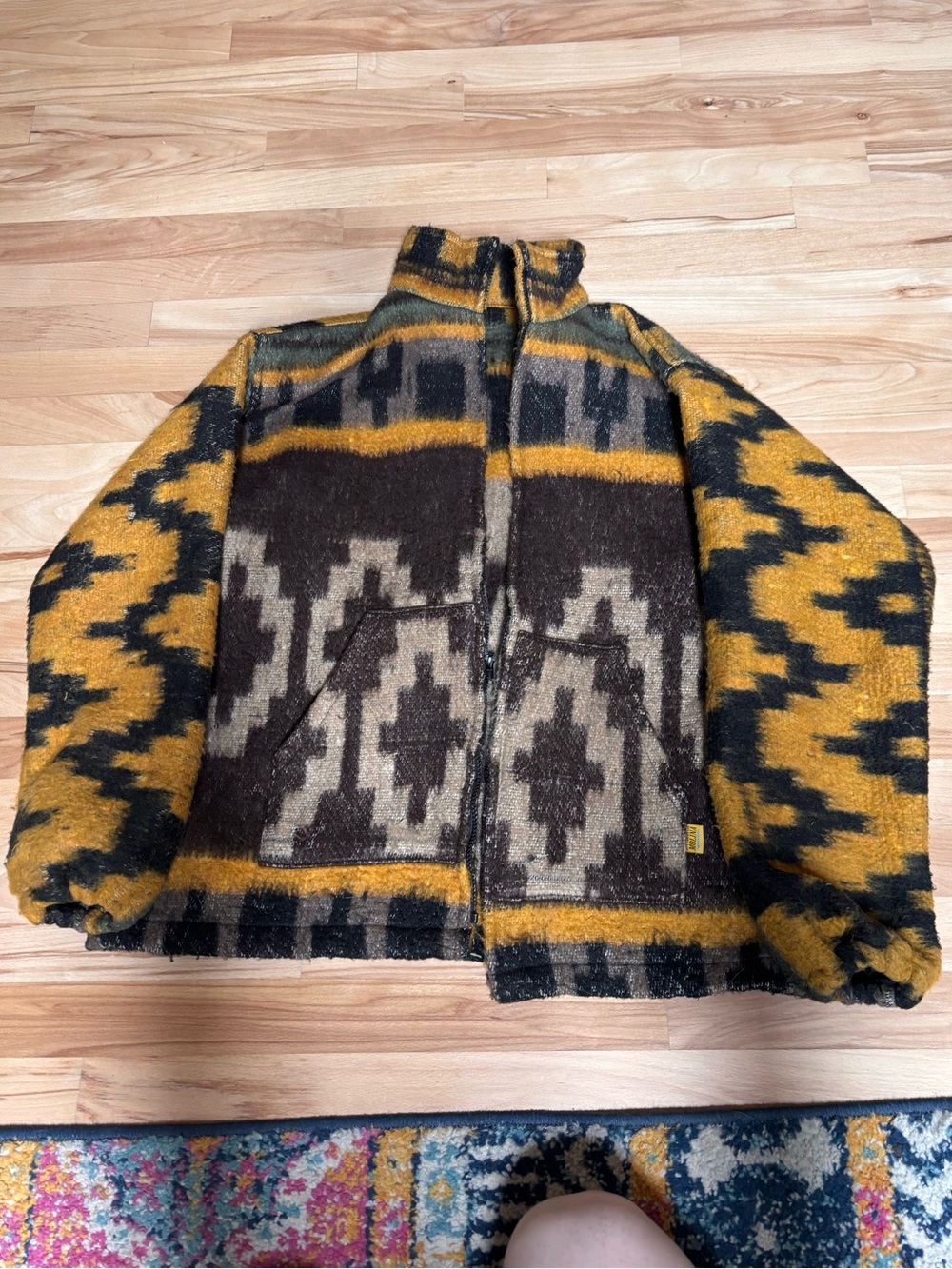 Men's Vintage Patterned Wool-Blend Bomber Jacket in Mustard & Brown
